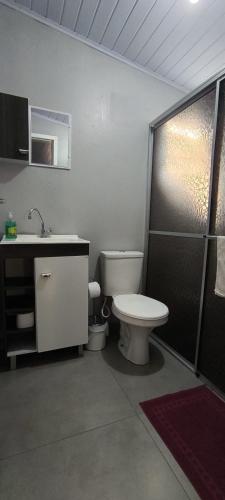 a bathroom with a toilet and a sink and a shower at Casa Finger próx do Centro e do Núcleo de Casas Enxaimel ambiente familiar in Ivoti
