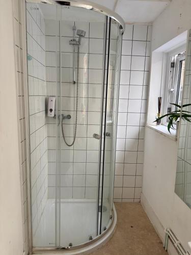 a shower with a glass door in a bathroom at Hangover Hotel - Seafront 8 in Brighton & Hove