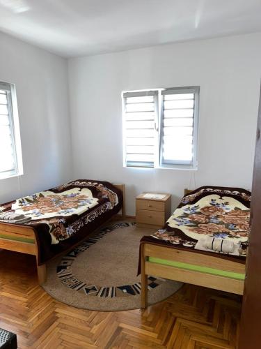 two beds in a room with two windows at Amos 1 in Paraćin