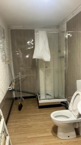 a bathroom with a toilet and a shower with a glass door at Campagna tutta da vivere in Arquata Scrivia