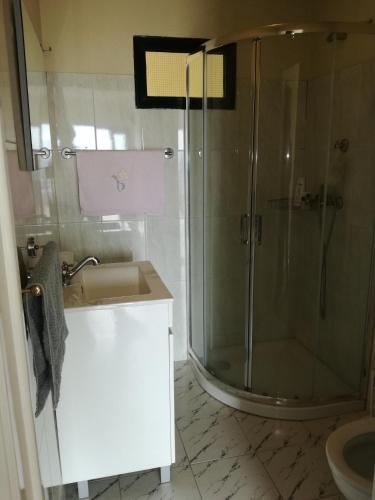 a bathroom with a shower and a sink at Casa do Pico in Câmara de Lobos