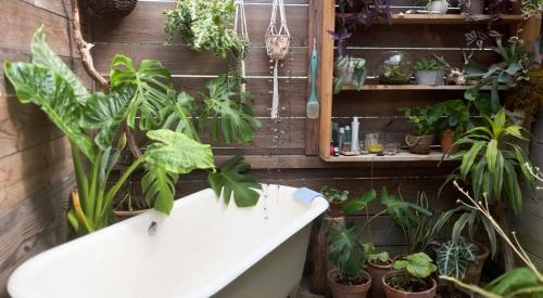 a bathroom with plants and a white bath tub at Dôme en forêt in Saint-Just