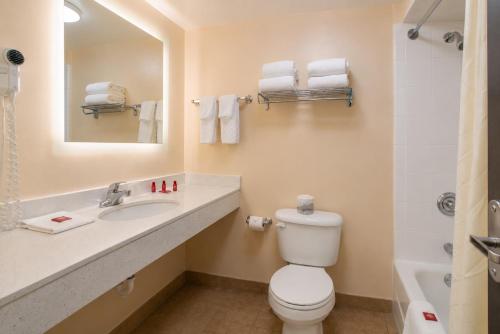 a bathroom with a toilet and a sink and a mirror at All Seasons Inn & Suites Smithfield Providence in Smithfield