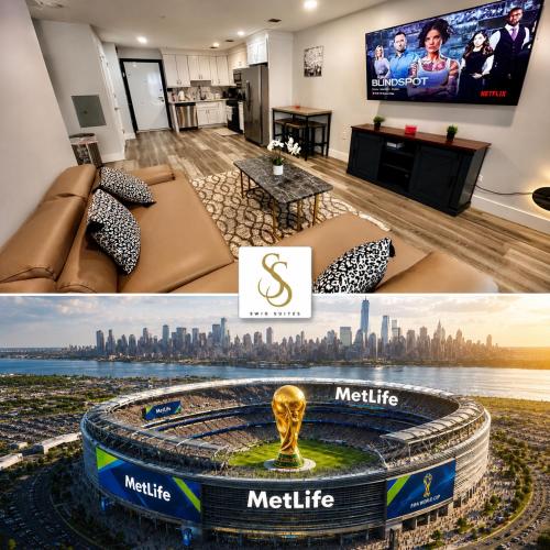 a collage of two pictures of a media room at The Cozy Suite - 1BR with Free Parking in Paterson