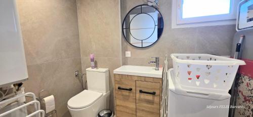 a bathroom with a toilet and a sink and a mirror at LE BARCARES Logement "Marenda" climatisé avec terrasse, plage à pied, place de parking - 4 personnes in Le Barcarès