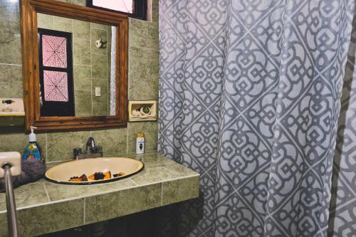 a bathroom with a sink and a shower curtain at Casa Manzanos in Guanajuato