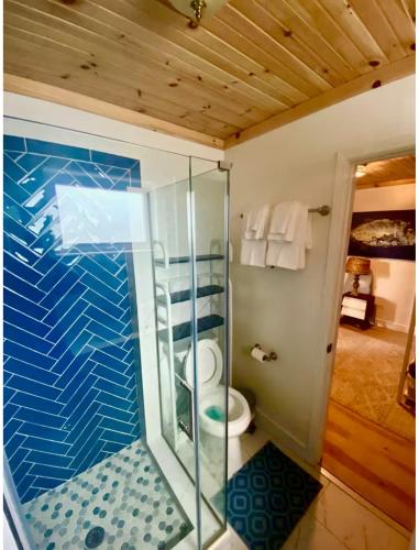 a bathroom with a glass shower with a toilet at Beach Villa Blue Bahamas in Mayaguana Island