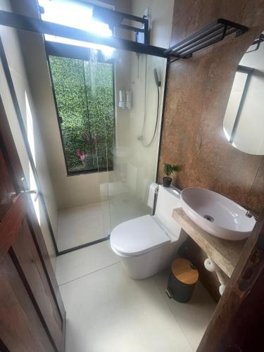 a bathroom with a toilet and a sink and a window at Vila Maytrea Chalés in Alto Paraíso de Goiás