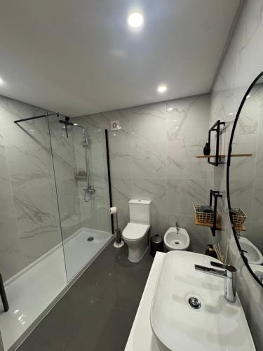 a bathroom with a shower and a toilet and a sink at Refúgio da Barra in Gafanha da Nazaré