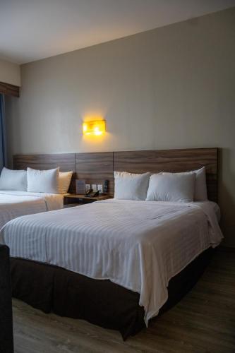 a hotel room with two beds with white sheets at Hotel Crown Victoria in Querétaro