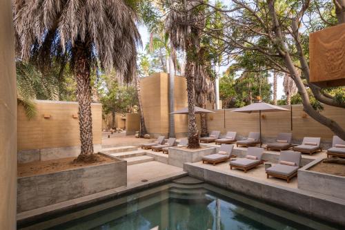 a pool with chaise lounge chairs and a resort with trees at Salara Boutique Hotel & Villas Todos Santos in Todos Santos