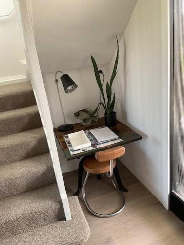 a small table with a plant on it next to stairs at Fletcher House Sleeps 18 Location Views in Taupo