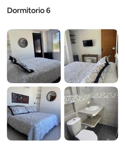 a collage of four pictures of a bedroom at Hostel La Catalina Plus - frente al mar in Cartagena de Indias