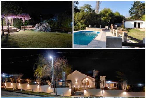 two pictures of a house and a pool at night at Rio Cabañas in Huerta Grande