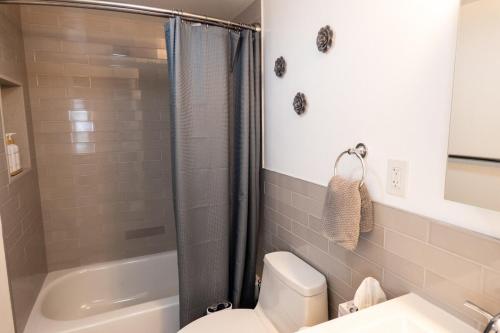 a bathroom with a shower and a toilet and a sink at Dip and Dink Catskills Poolside Oasis in White Lake