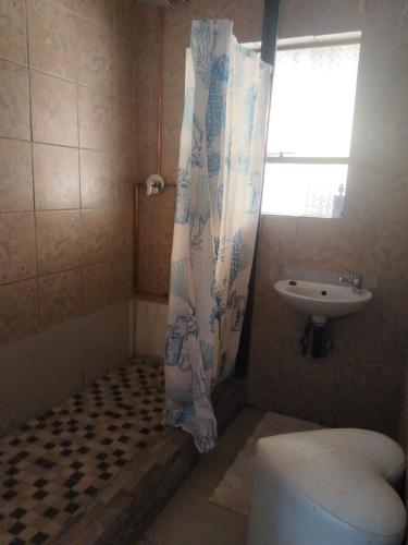 a bathroom with a shower curtain and a sink at Soshanguve Lux Accom Room 03 in Soshanguve