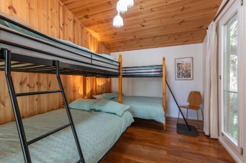 two bunk beds in a room with wooden walls at The Deck in Elizabeth Beach