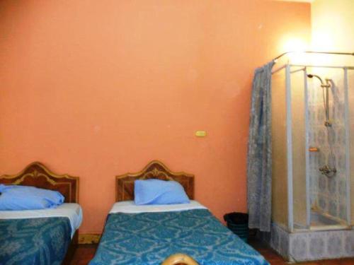 a bedroom with two beds and a shower at Berlin Hotel in Cairo