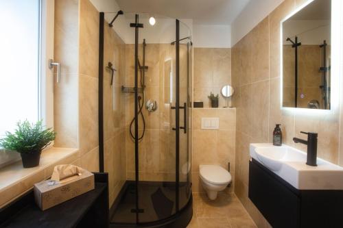 a bathroom with a shower and a toilet and a sink at Ferienwohnung Kaiserblick in Anger