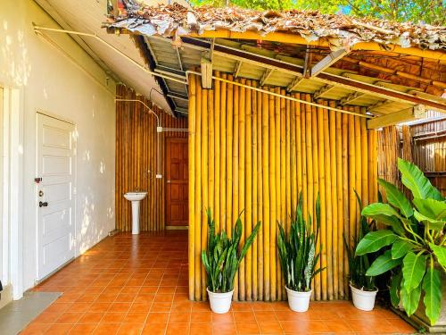 a room with plants and a yellow wall at Ping Dara Pool Villa Party in Ban San Pa Sak