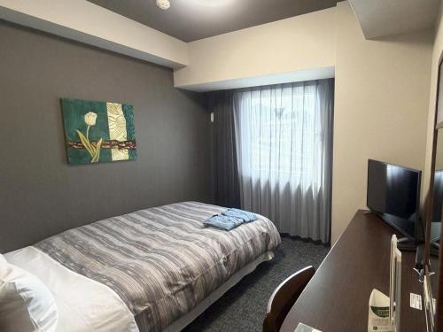 a hotel room with a bed and a television at Hotel Route-Inn Kanda Ekimae in Kanda