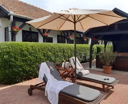 two chairs and an umbrella on a patio at Dura Guesthouse, Garden Wellness Retreat near the Tisza River in Paszab