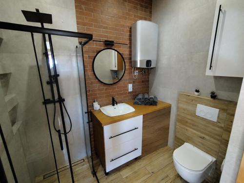 a bathroom with a toilet and a sink and a mirror at Apartament Karmelicka in Wadowice