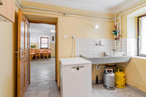 a kitchen with a sink and a counter top at Holiday house Pod Ledinco in Most na Soči