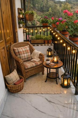 a patio with a chair and a table and lights at Dhim in Mangpu