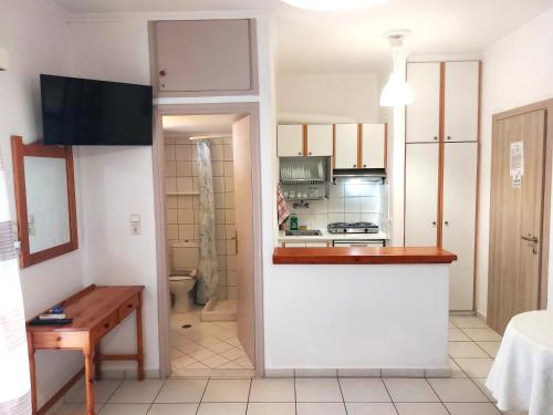 a kitchen with a counter and a stove top oven at Grammatoula in Nikiana