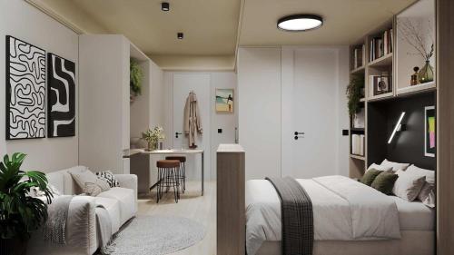 a bedroom with a bed and a living room at High-Floor Modern Apartment - Rooftop Pool & Table Mountain Views in Cape Town