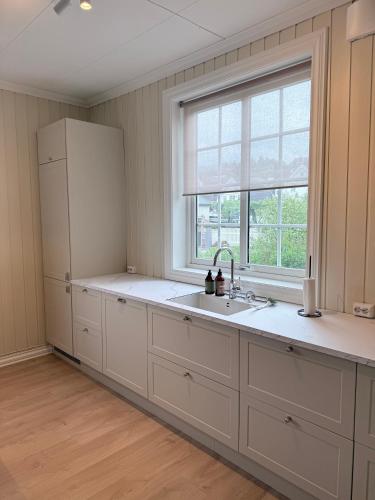 a kitchen with a sink and a window at Nyoppusset leilighet i klassisk hus! in Lillehammer