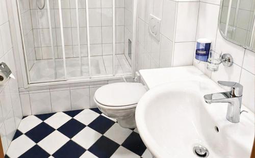 a bathroom with a sink and a toilet and a shower at DORMERO MaHo Steyr in Steyr