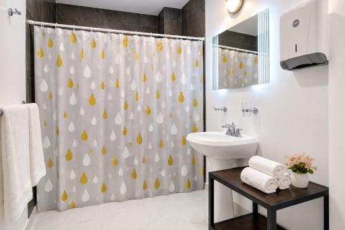a bathroom with a sink and a shower curtain at Hotel Boutique Venecia Cdmx in Mexico City