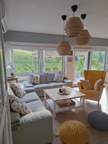 a living room with couches and a table and chairs at Villa Arboreta in Tuhelj