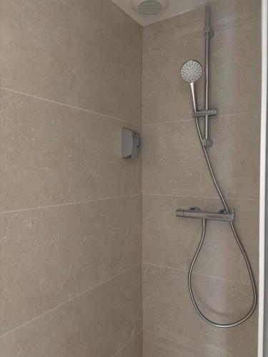 a shower with a shower head in a bathroom at Oyonnax Bellignat Appart Hotel in Bellignat