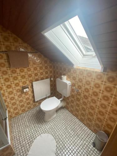ein Badezimmer mit Toilette und Dachfenster in der Unterkunft Hotel-Windeck in Burbach