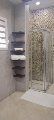 a bathroom with a shower and some towels at Villa HASSANI BEACH FOULPOINTE in Foulpointe