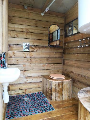 a wooden bathroom with a toilet and a sink at Yourte avec bain nordique in Quimper