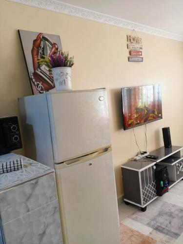 a refrigerator in a kitchen with a picture on the wall at BnB Studio Oasis Homes Machakos in Machakos