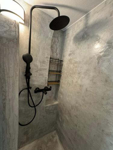 a shower in a bathroom with a light on the wall at Ontas in Tholária