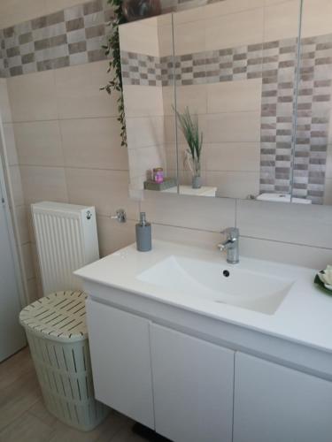 un bagno con lavandino bianco e specchio di Bei Konstantinos a Mesopótamon
