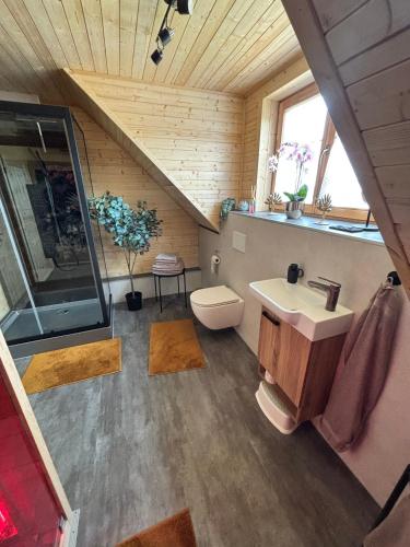 a bathroom with a sink and a toilet at Modernes Blockhaus mit Sauna Flair in Lisberg