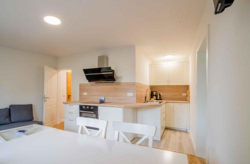 a kitchen with white cabinets and a counter top at Schleiblick App 14 in Rabenkirchen-Faulück