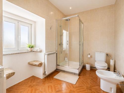 a bathroom with a shower and a toilet and a sink at Casa Outeiro 99 in Paredes de Coura
