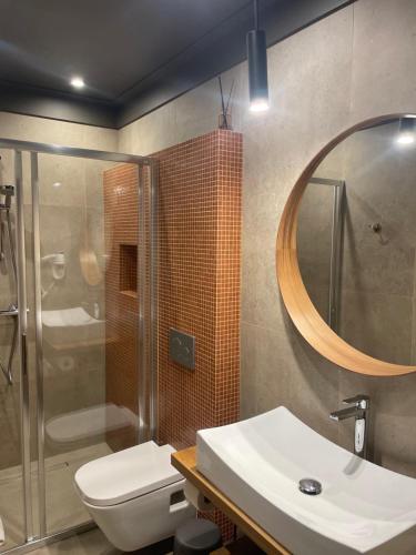 a bathroom with a toilet and a sink and a mirror at Przystanek Tleń in Tleń