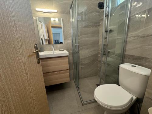 a bathroom with a shower and a toilet and a sink at Turtle Apartment Sunny Beach in Sunny Beach