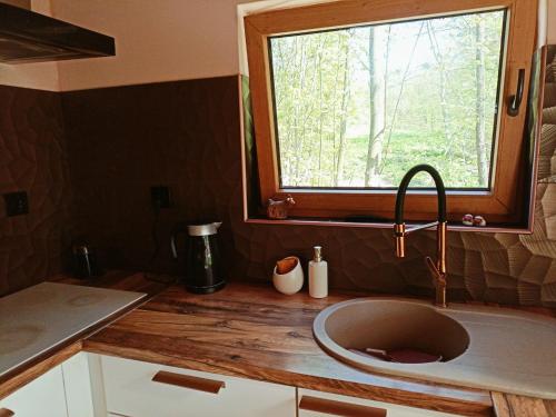 a kitchen counter with a sink and a window at Tinyhouse ATELIÉR u Těrlické přehrady in Horní Těrlicko