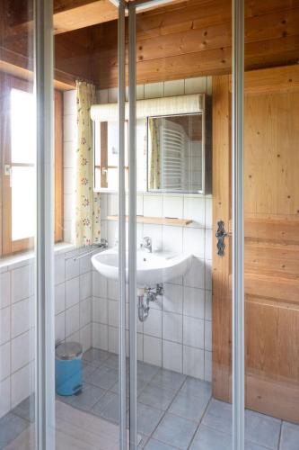 a bathroom with a sink and a mirror at Allgäu Holzhaus I Bergpanorama & Natur pur im Herzen des Allgäus! in Weitnau