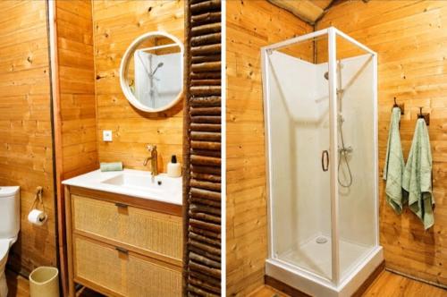 two pictures of a bathroom with a shower and a sink at Cabane Des Boiseries in Esnans